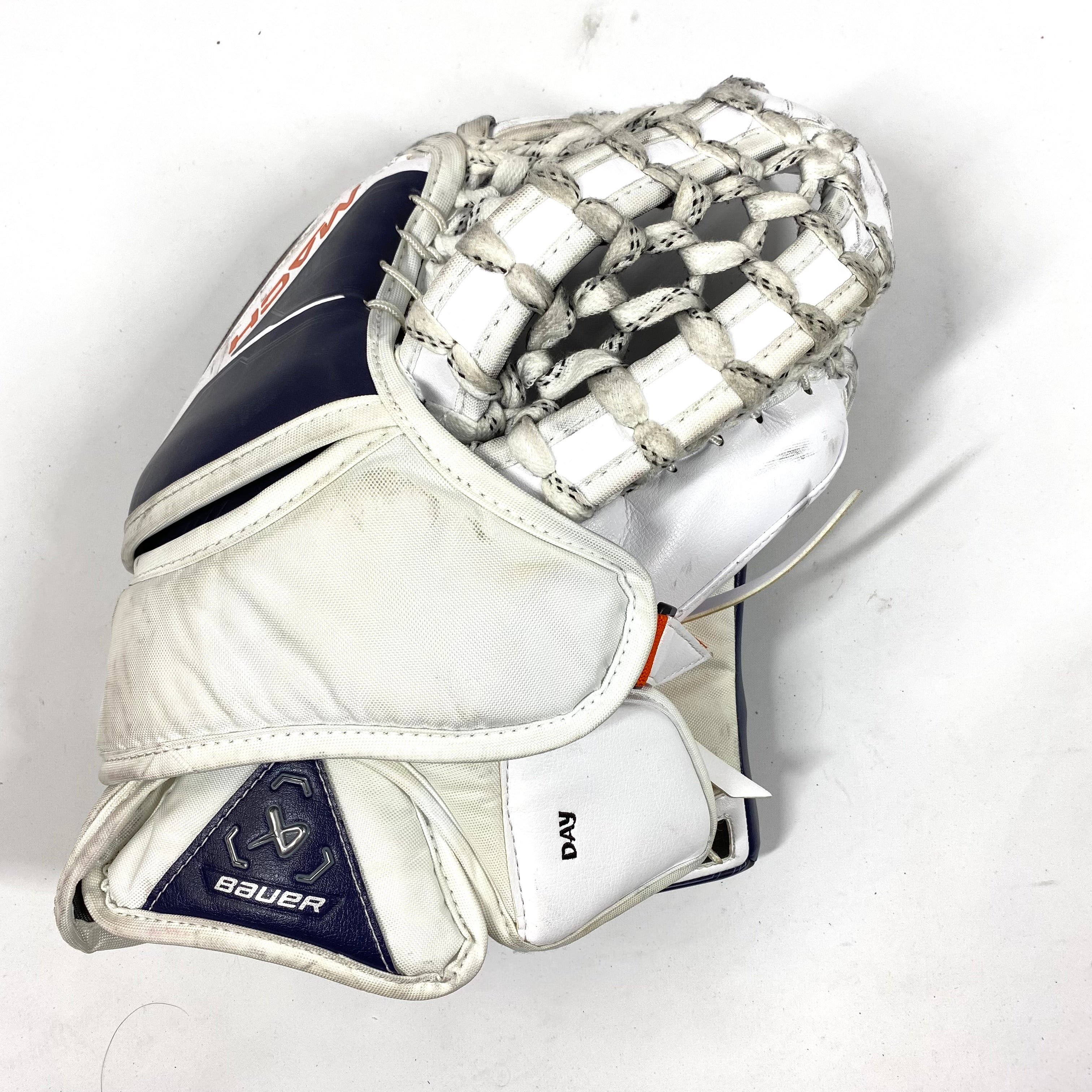 Bauer Supreme Mach - Gant de gardien de but Pro Stock d'occasion (blanc/orange/bleu marine)
